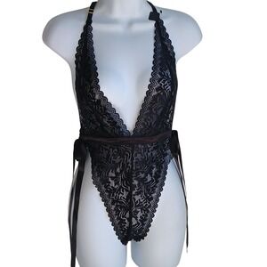 Womens‎ Dreamgirl Black Lace One Piece Side Tie Adjustable Strap MED Lingerie B3